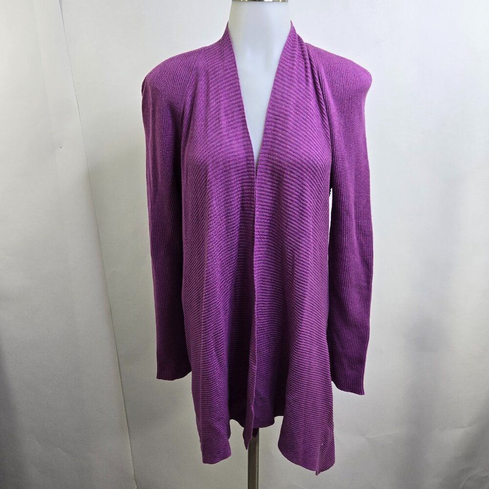 Eileen Fisher S Cardigan Purple Linen Open Front Ribbed Striped Sweater